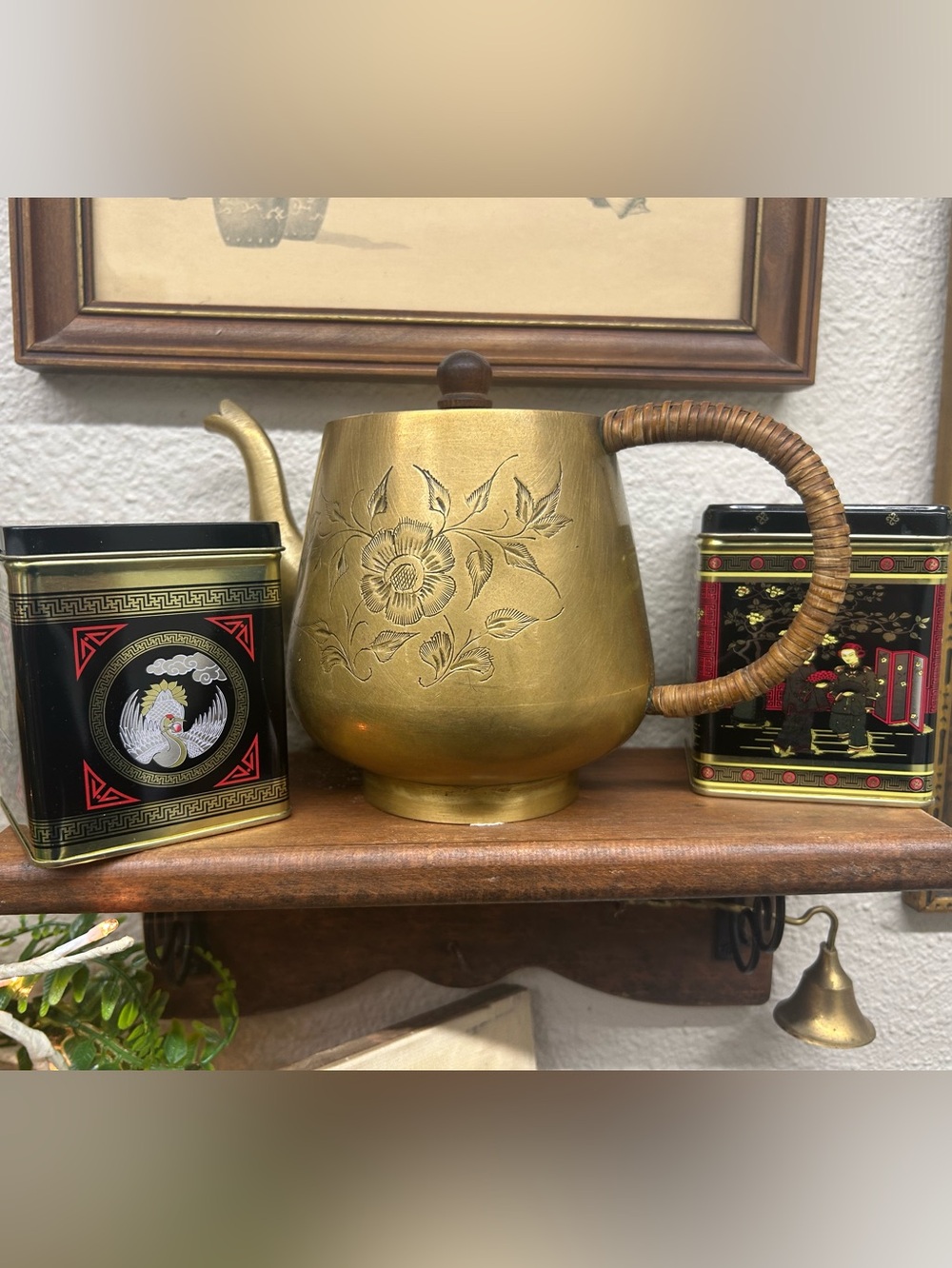 Vintage Brass Floral Teapot with Woven rattan Handle - Gold